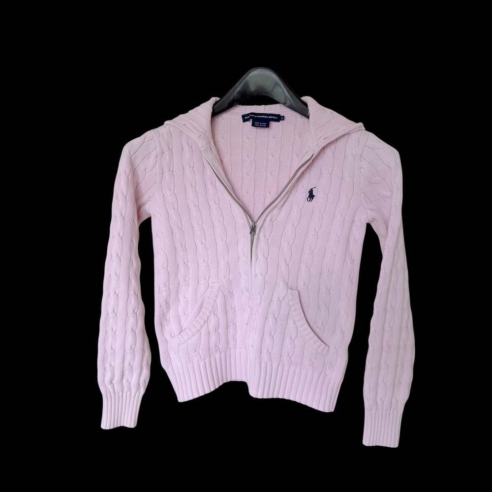 Ralph Lauren Sport Pink Cable Knit Full Zip Hoodie Sweater Womens Small Cotton